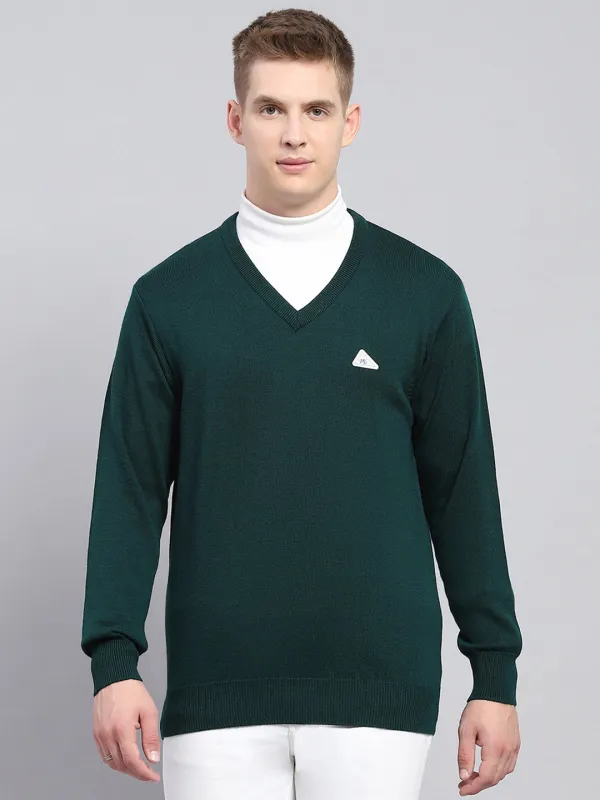 Men Green Solid V Neck Full Sleeve Pullover made by Monte Carlo