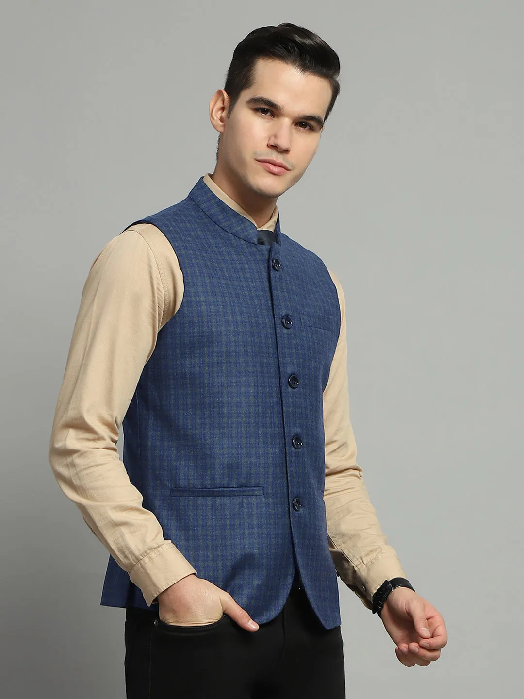 Luxuria Men Blue Solid Band Collar Sleeveless Jacket sold by Monte Carlo product image thumbnail 4