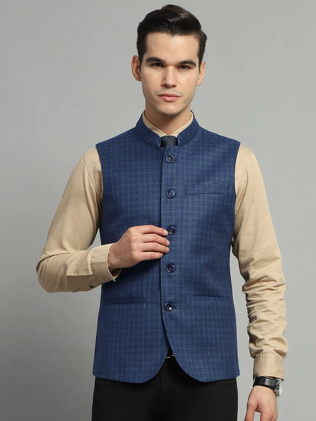 Luxuria Men Blue Solid Band Collar Sleeveless Jacket sold by Monte Carlo