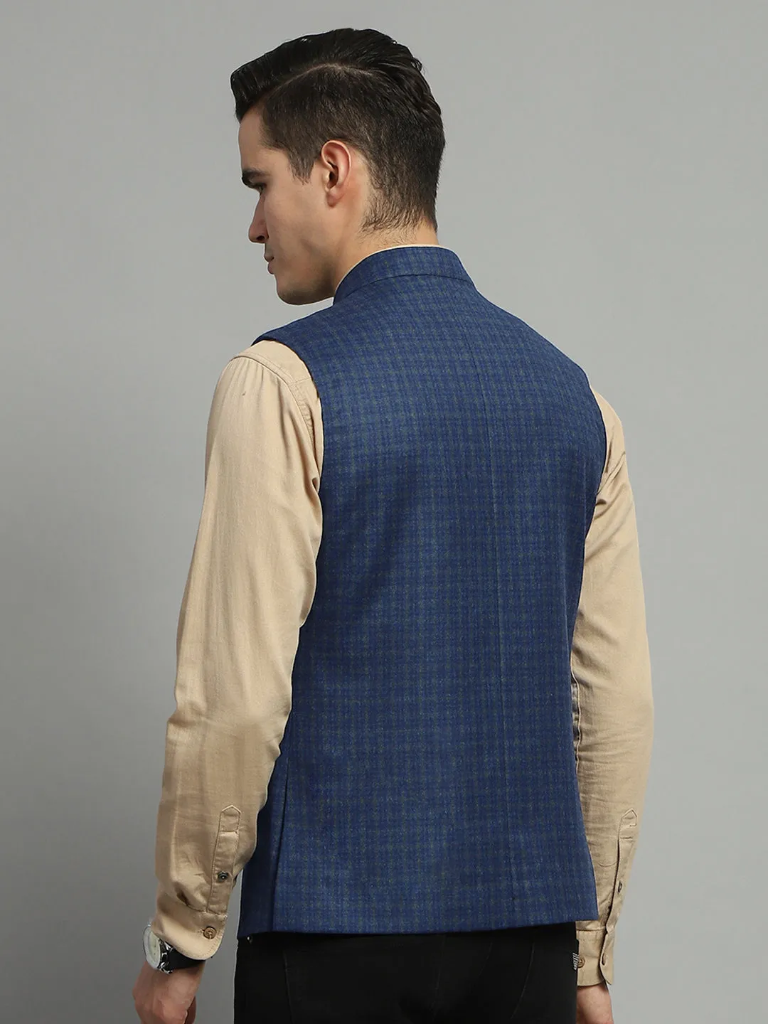 Luxuria Men Blue Solid Band Collar Sleeveless Jacket sold by Monte Carlo product image thumbnail 5