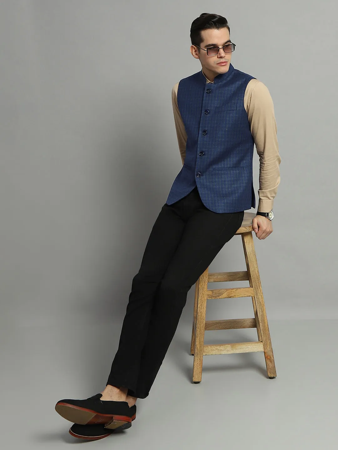 Luxuria Men Blue Solid Band Collar Sleeveless Jacket sold by Monte Carlo product image thumbnail 2