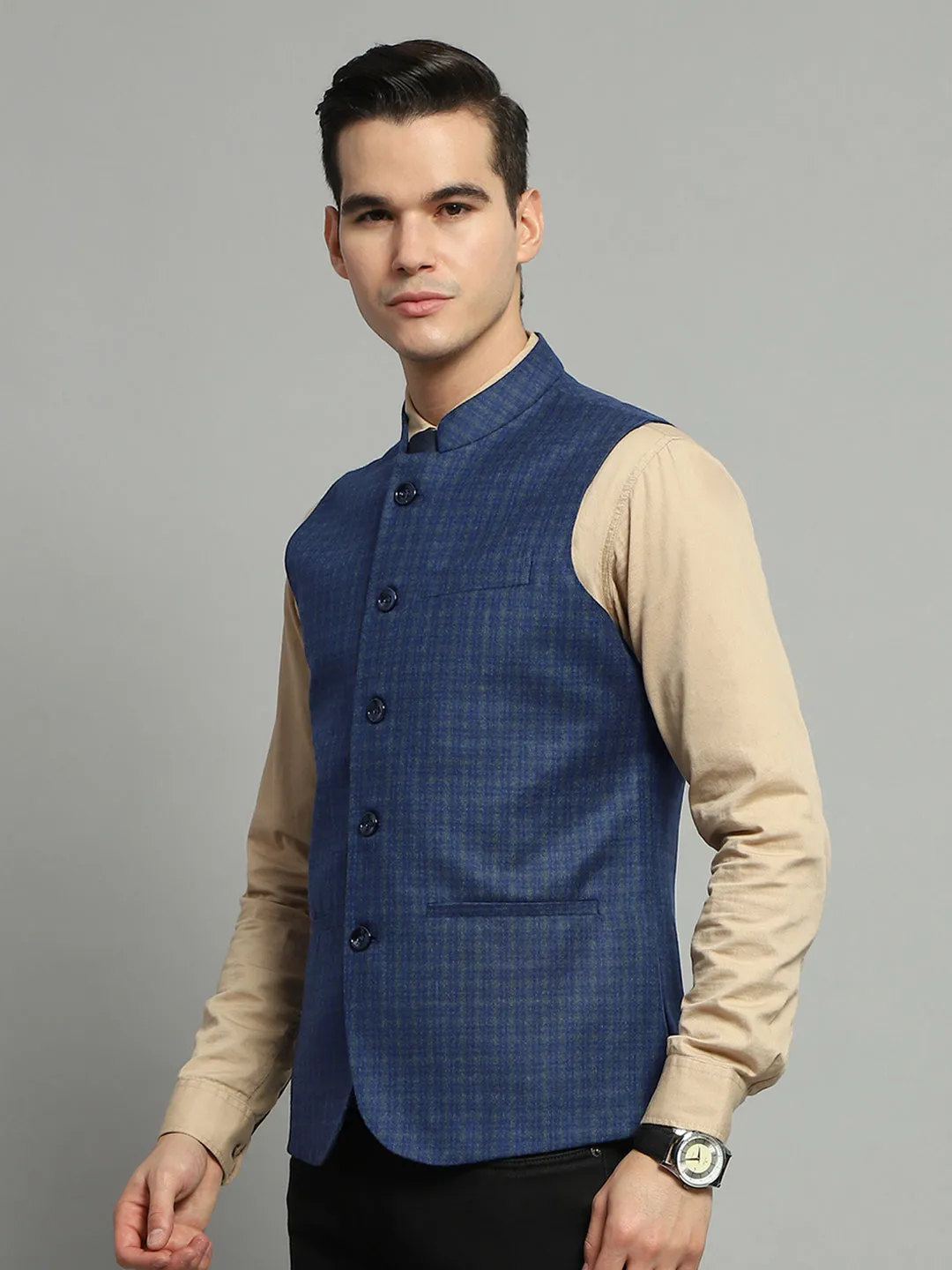 Luxuria Men Blue Solid Band Collar Sleeveless Jacket sold by Monte Carlo product image thumbnail 3