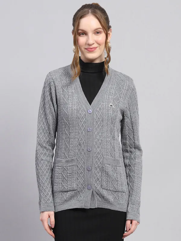 Women Grey Self Design V Neck Full Sleeve Cardigan sold by Monte Carlo
