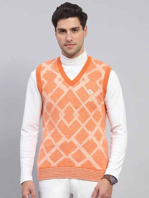 Men Orange Self Design V Neck Sleeveless Sweater made by Monte Carlo