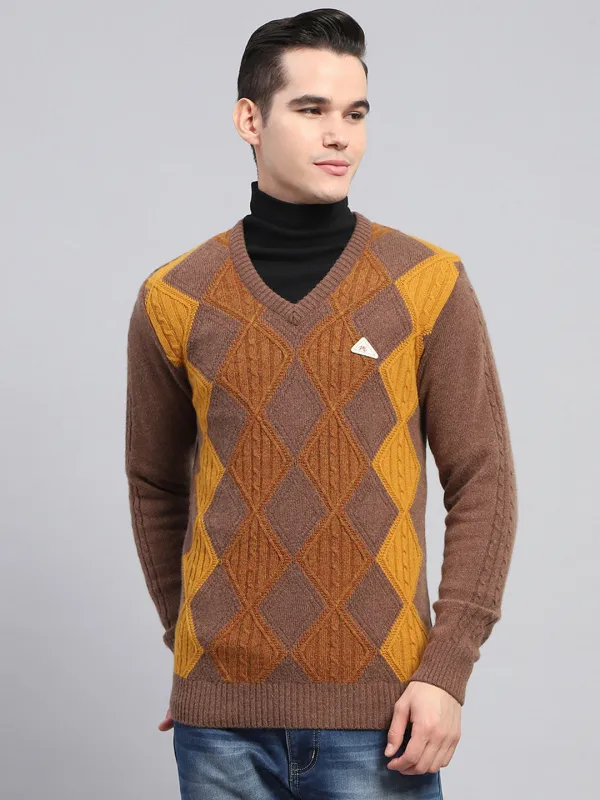 Men Brown Self Design V Neck Full Sleeve Pullover made by Monte Carlo