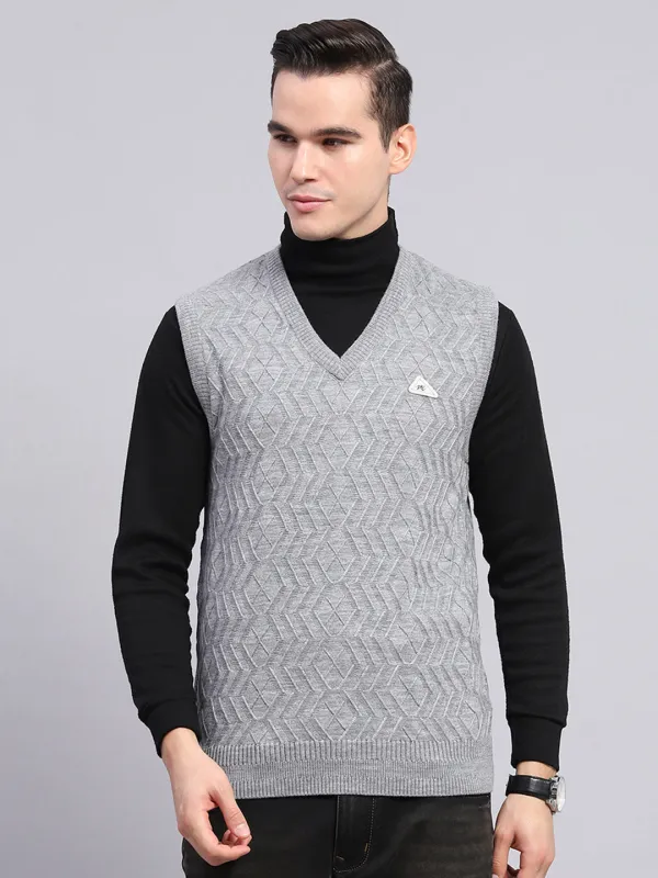 Men Grey Self Design V Neck Sleeveless Sweater made by Monte Carlo