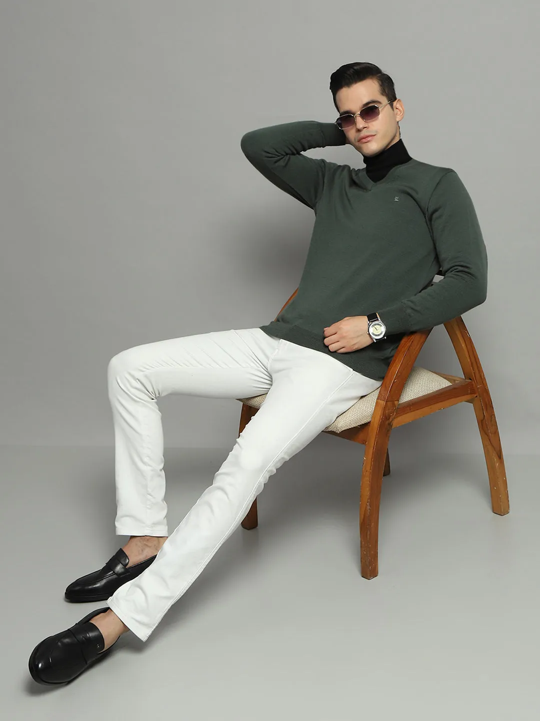 Luxuria Men Olive Solid V Neck Full Sleeve Pullover sold by Monte Carlo product image thumbnail 2