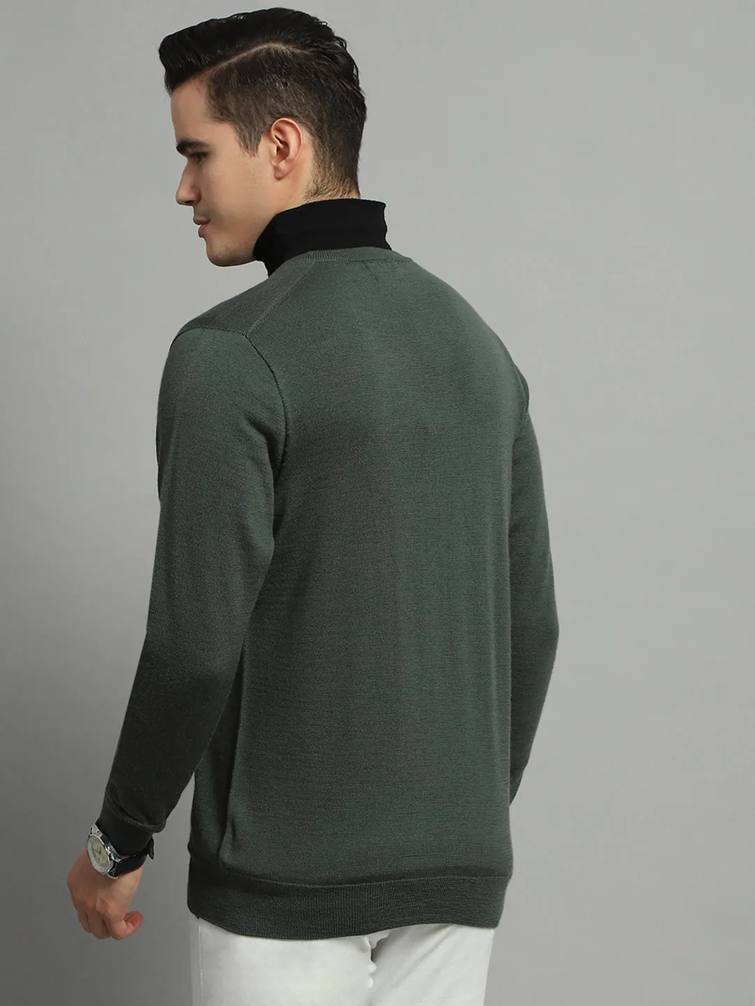 Luxuria Men Olive Solid V Neck Full Sleeve Pullover sold by Monte Carlo product image thumbnail 5