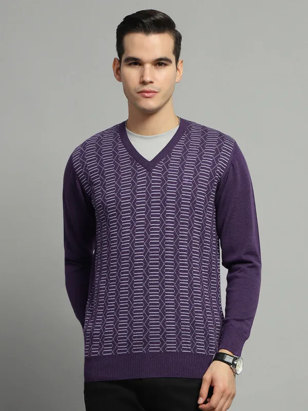 Luxuria Men Purple Self Design V Neck Full Sleeve Pullover sold by Monte Carlo