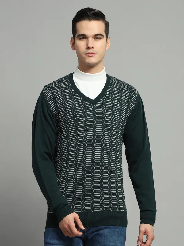 Luxuria Men Green Self Design V Neck Full Sleeve Pullover made by Monte Carlo