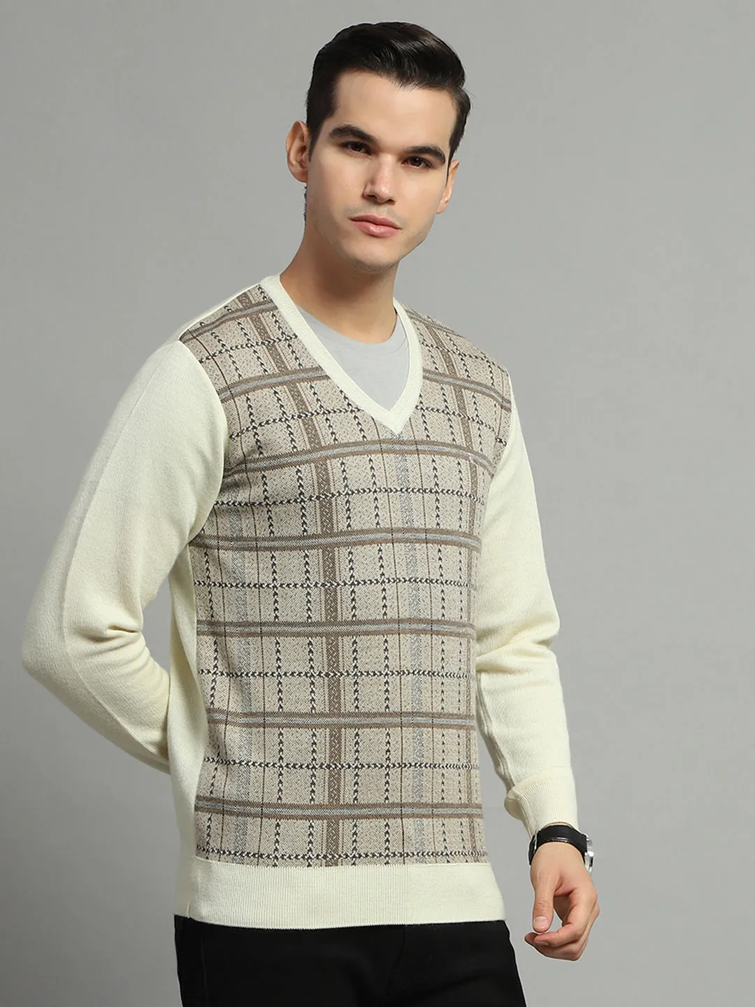 Luxuria Men Cream Check V Neck Full Sleeve Pullover sold by Monte Carlo product image thumbnail 4