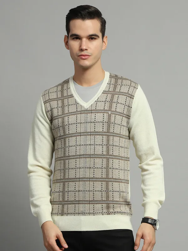 Luxuria Men Cream Check V Neck Full Sleeve Pullover made by Monte Carlo