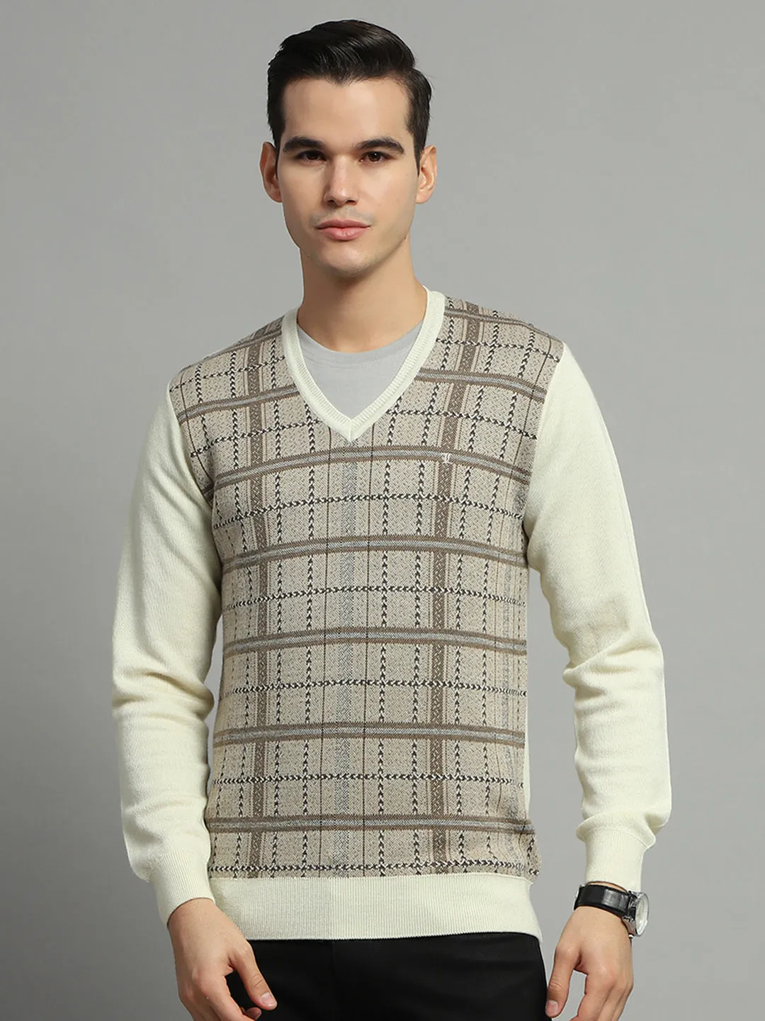 Luxuria Men Cream Check V Neck Full Sleeve Pullover sold by Monte Carlo