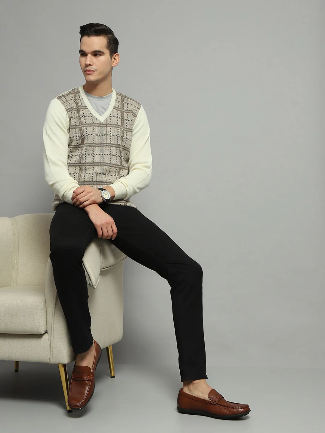 Luxuria Men Cream Check V Neck Full Sleeve Pullover sold by Monte Carlo product image thumbnail 2