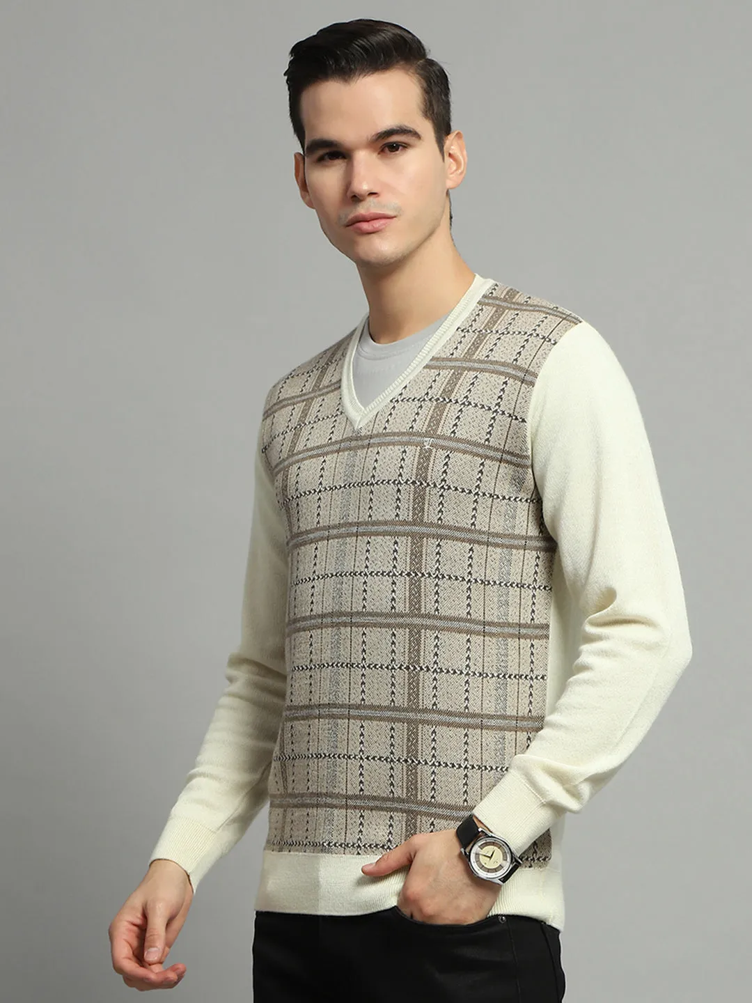 Luxuria Men Cream Check V Neck Full Sleeve Pullover sold by Monte Carlo product image thumbnail 3