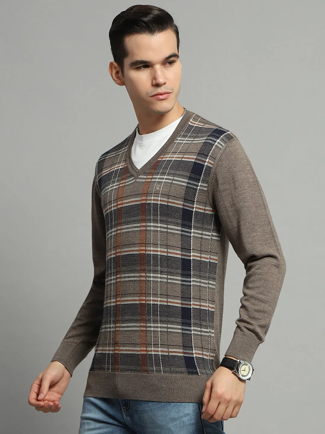 Luxuria Men Grey Check V Neck Full Sleeve Pullover sold by Monte Carlo product image thumbnail 3