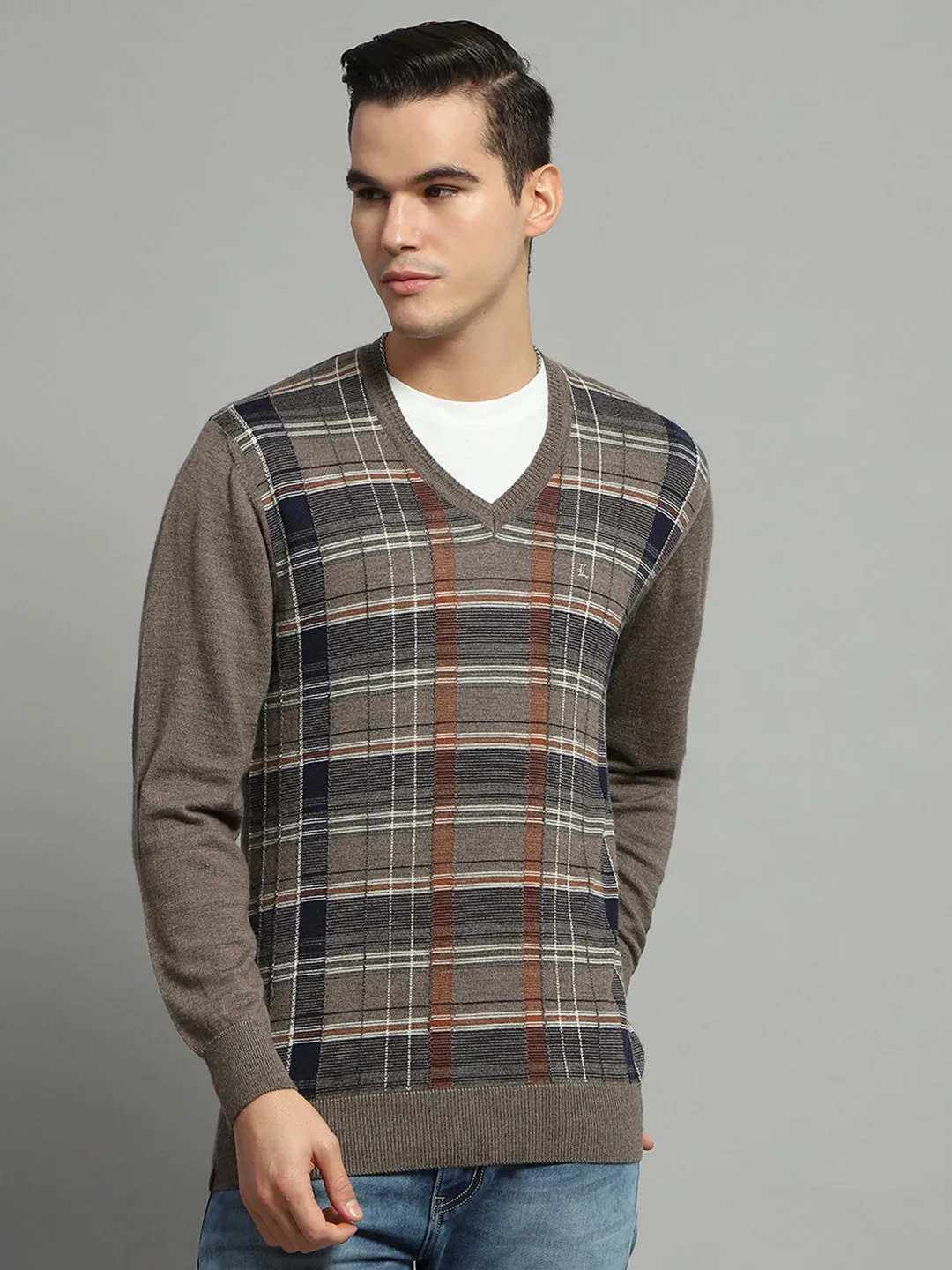 Luxuria Men Grey Check V Neck Full Sleeve Pullover sold by Monte Carlo