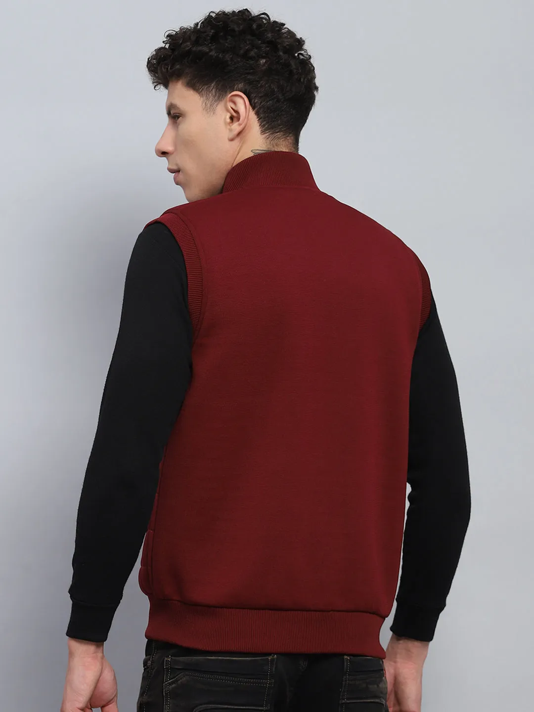 Men Maroon Self Design Mock Neck Sleeveless Jacket sold by Monte Carlo product image thumbnail 5