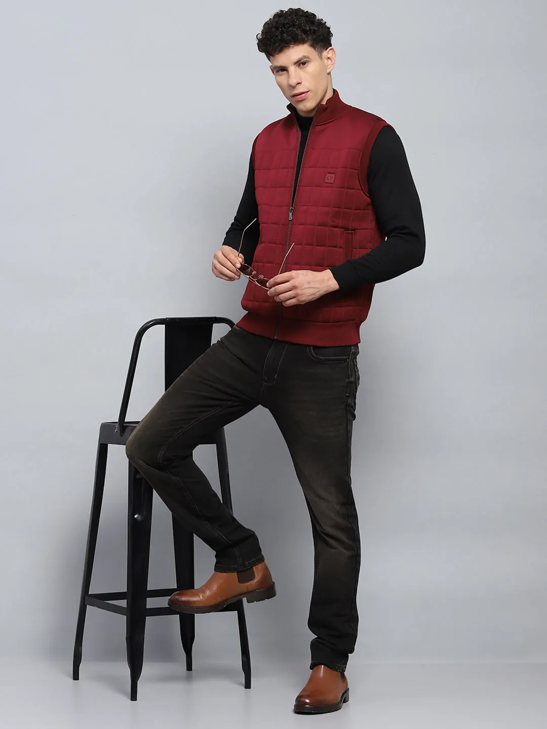 Men Maroon Self Design Mock Neck Sleeveless Jacket sold by Monte Carlo product image thumbnail 2