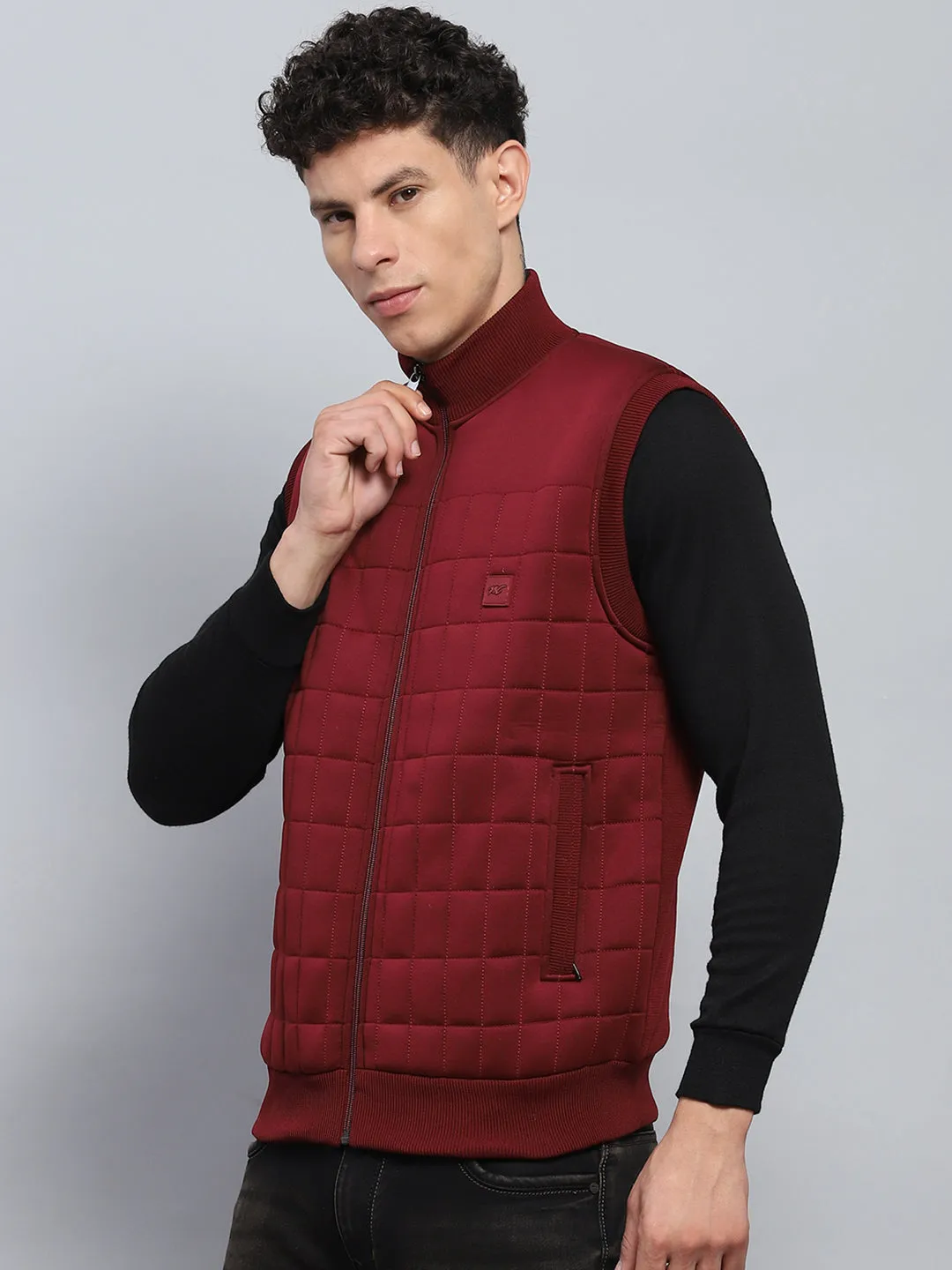 Men Maroon Self Design Mock Neck Sleeveless Jacket sold by Monte Carlo product image thumbnail 3
