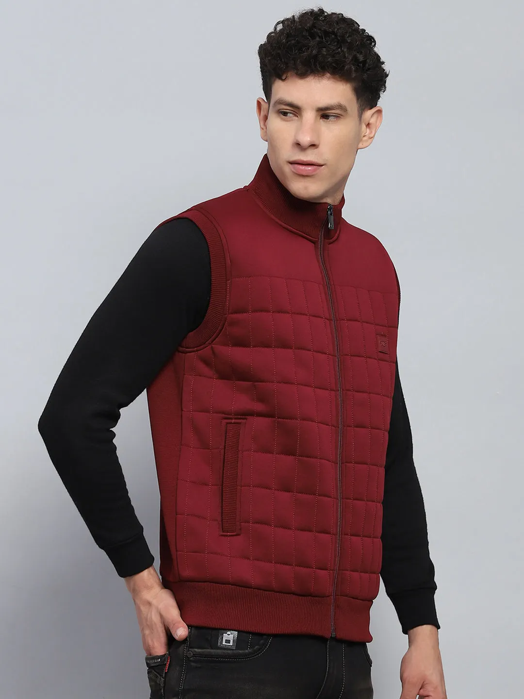 Men Maroon Self Design Mock Neck Sleeveless Jacket sold by Monte Carlo product image thumbnail 4