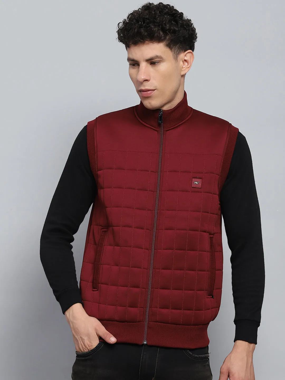 Men Maroon Self Design Mock Neck Sleeveless Jacket sold by Monte Carlo