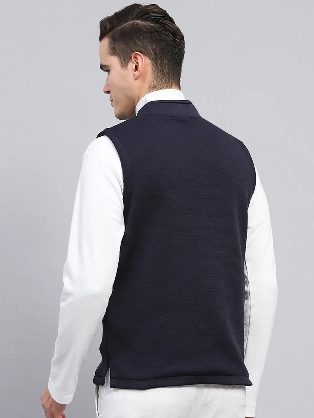 Men Navy Blue Self Design Mock Neck Sleeveless Jacket sold by Monte Carlo product image thumbnail 5