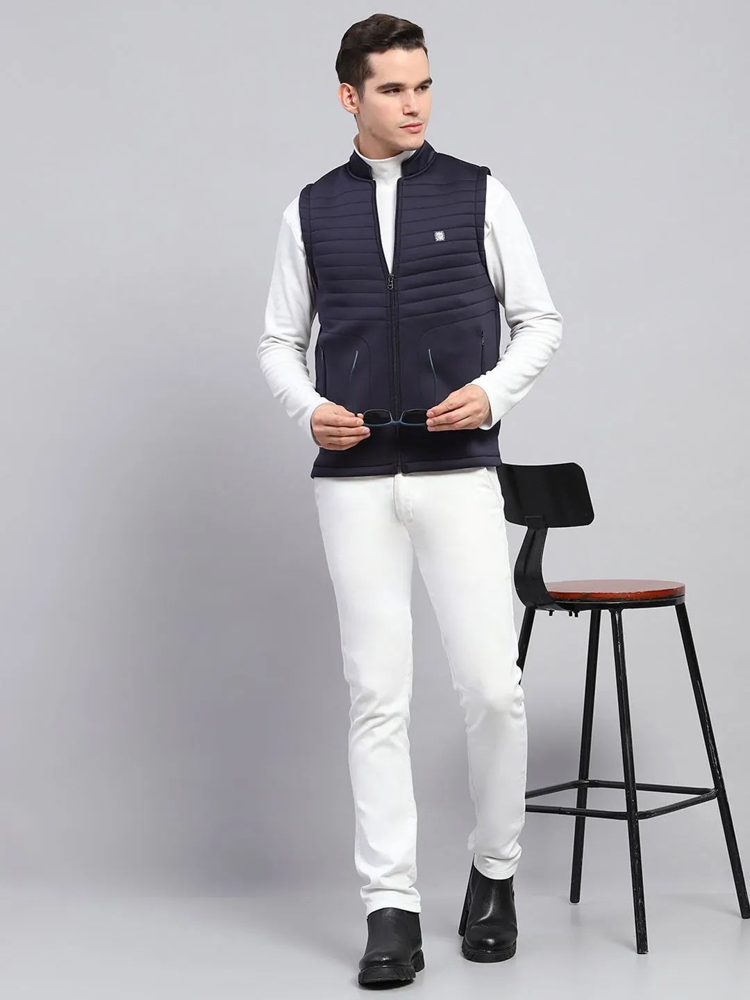 Men Navy Blue Self Design Mock Neck Sleeveless Jacket sold by Monte Carlo product image thumbnail 2