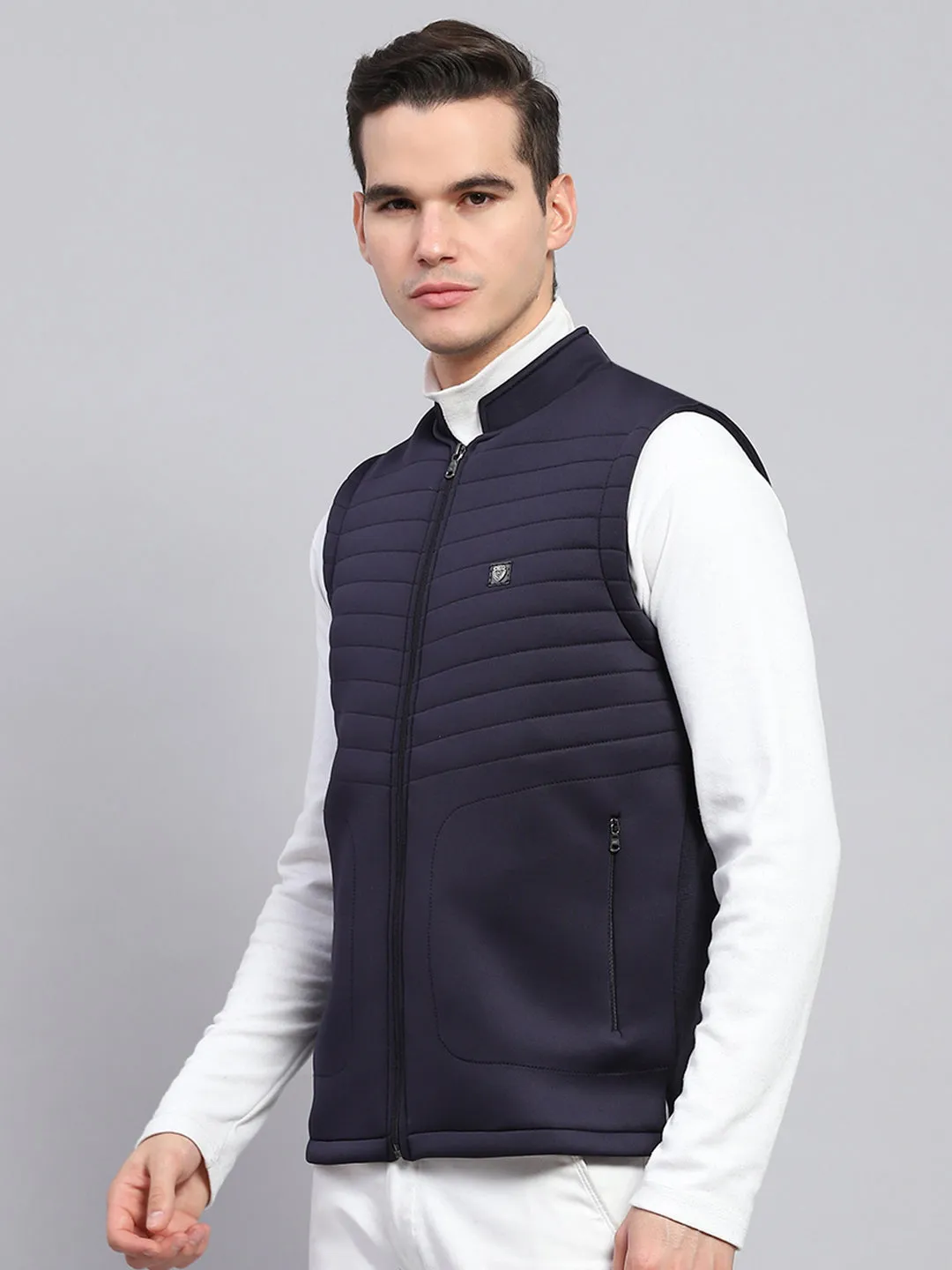 Men Navy Blue Self Design Mock Neck Sleeveless Jacket sold by Monte Carlo product image thumbnail 3