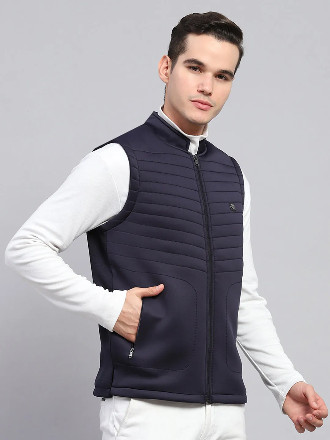 Men Navy Blue Self Design Mock Neck Sleeveless Jacket sold by Monte Carlo product image thumbnail 4