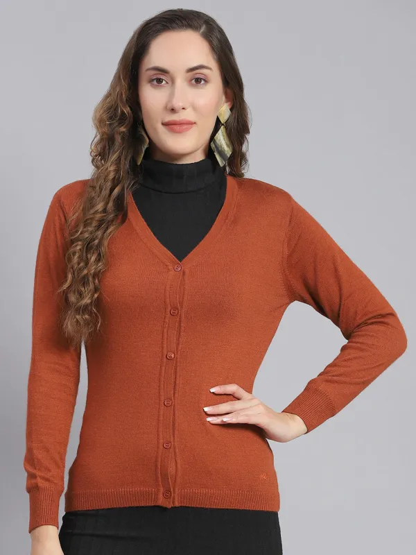Women Rust Solid V Neck Full Sleeve Cardigan sold by Monte Carlo