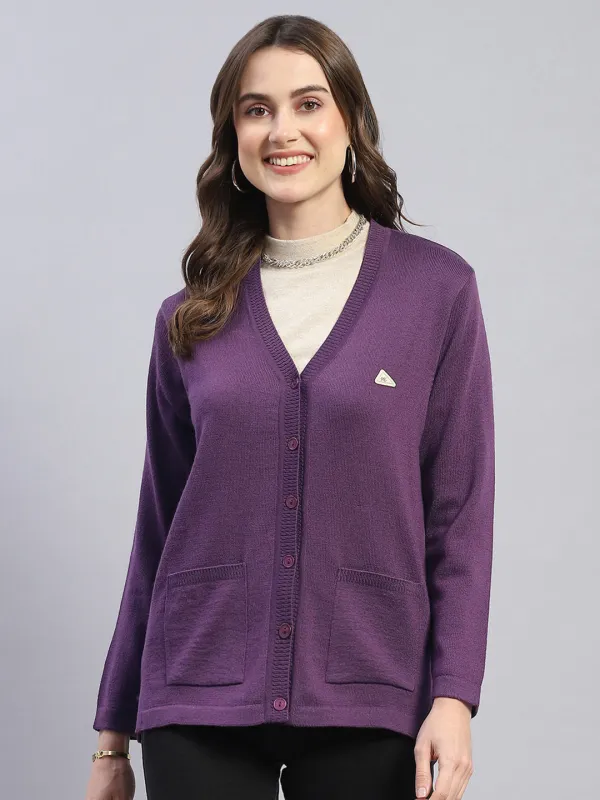 Women Purple Solid V Neck Full Sleeve Cardigan sold by Monte Carlo
