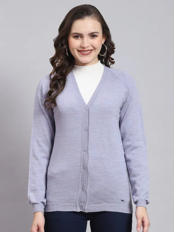 Women Purple Solid V Neck Full Sleeve Cardigan sold by Monte Carlo