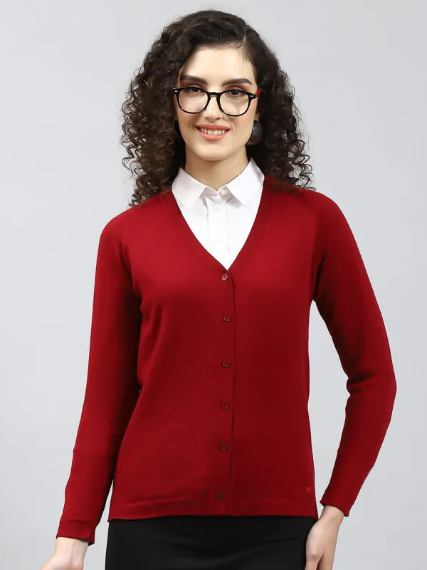 Women Maroon Solid V Neck Full Sleeve Cardigan sold by Monte Carlo