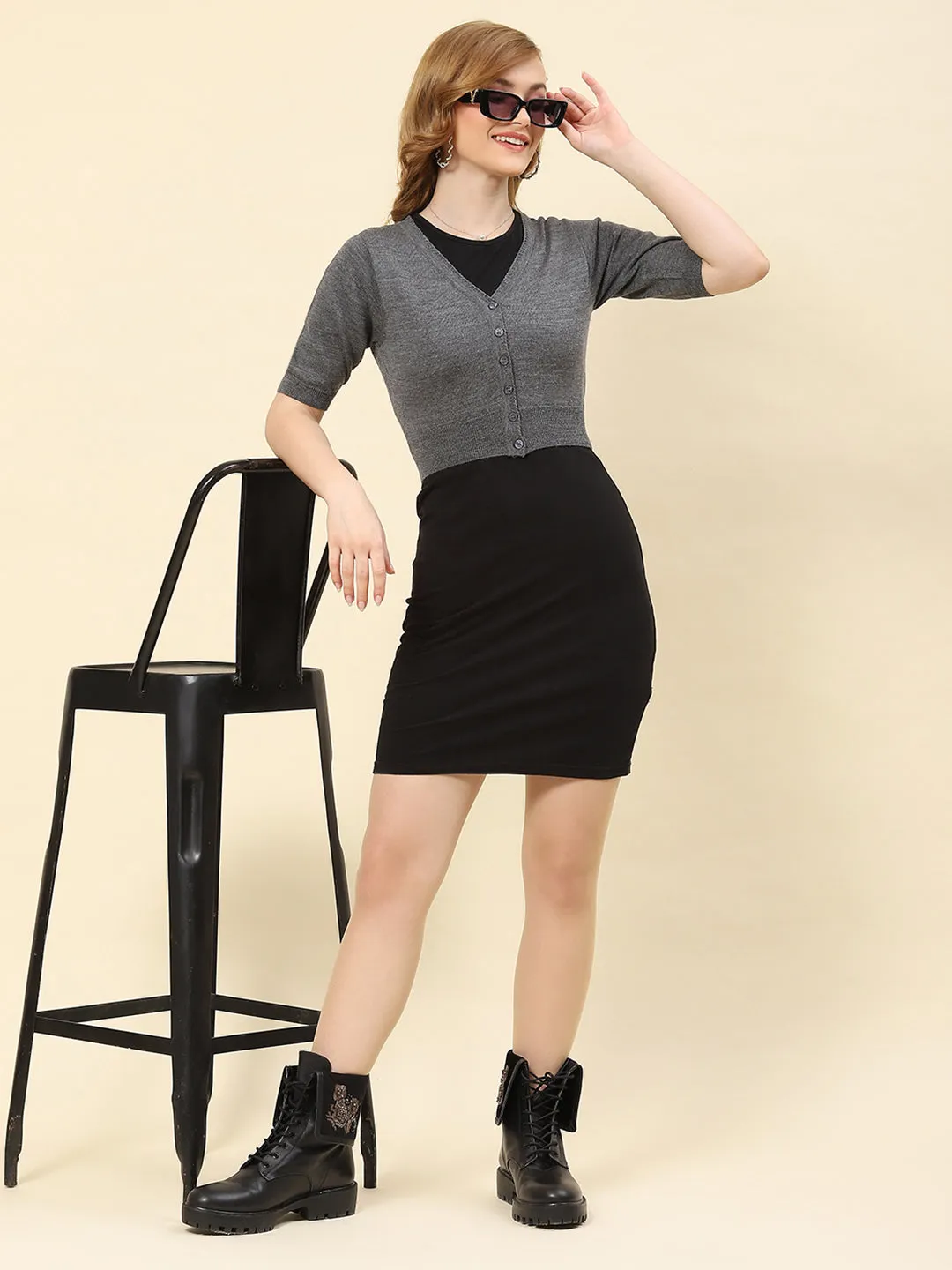 Women Grey Solid V Neck Half Sleeve Blouse sold by Monte Carlo product image thumbnail 2