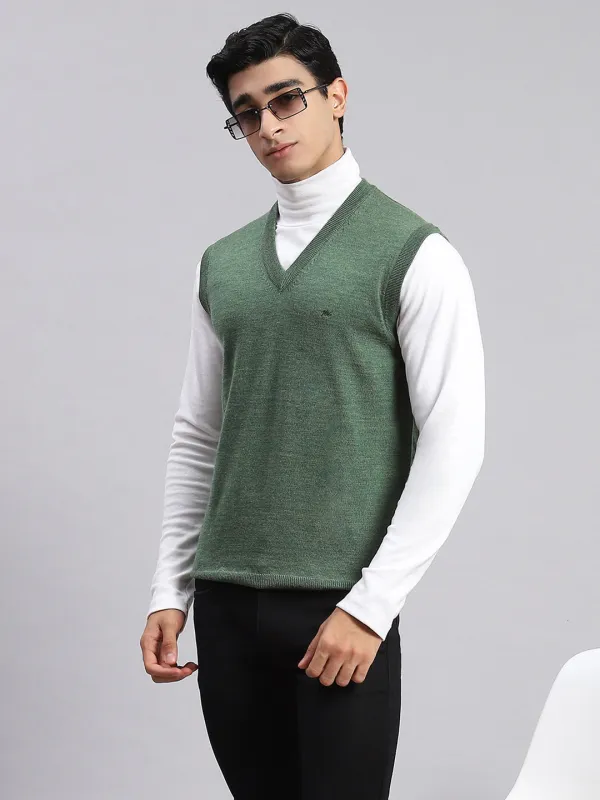 Men Green Solid V Neck Sleeveless Sweater sold by Monte Carlo