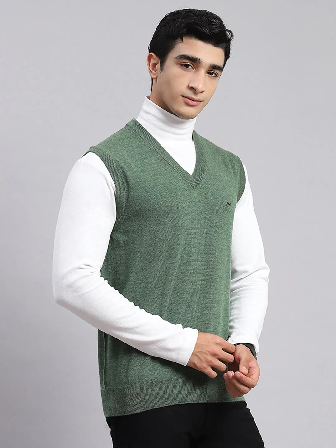 Men Green Solid V Neck Sleeveless Sweater sold by Monte Carlo product image thumbnail 5
