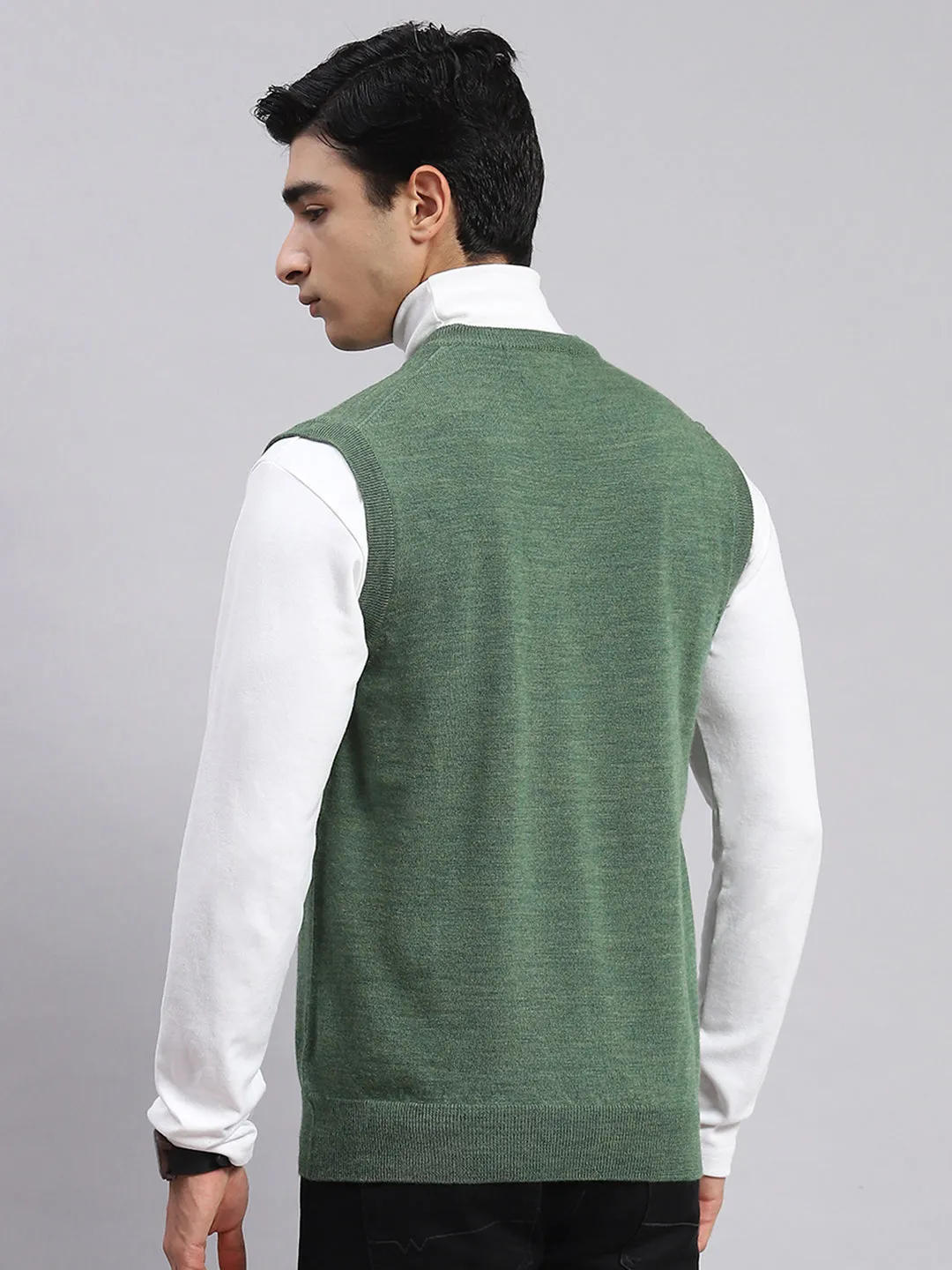 Men Green Solid V Neck Sleeveless Sweater sold by Monte Carlo product image thumbnail 2