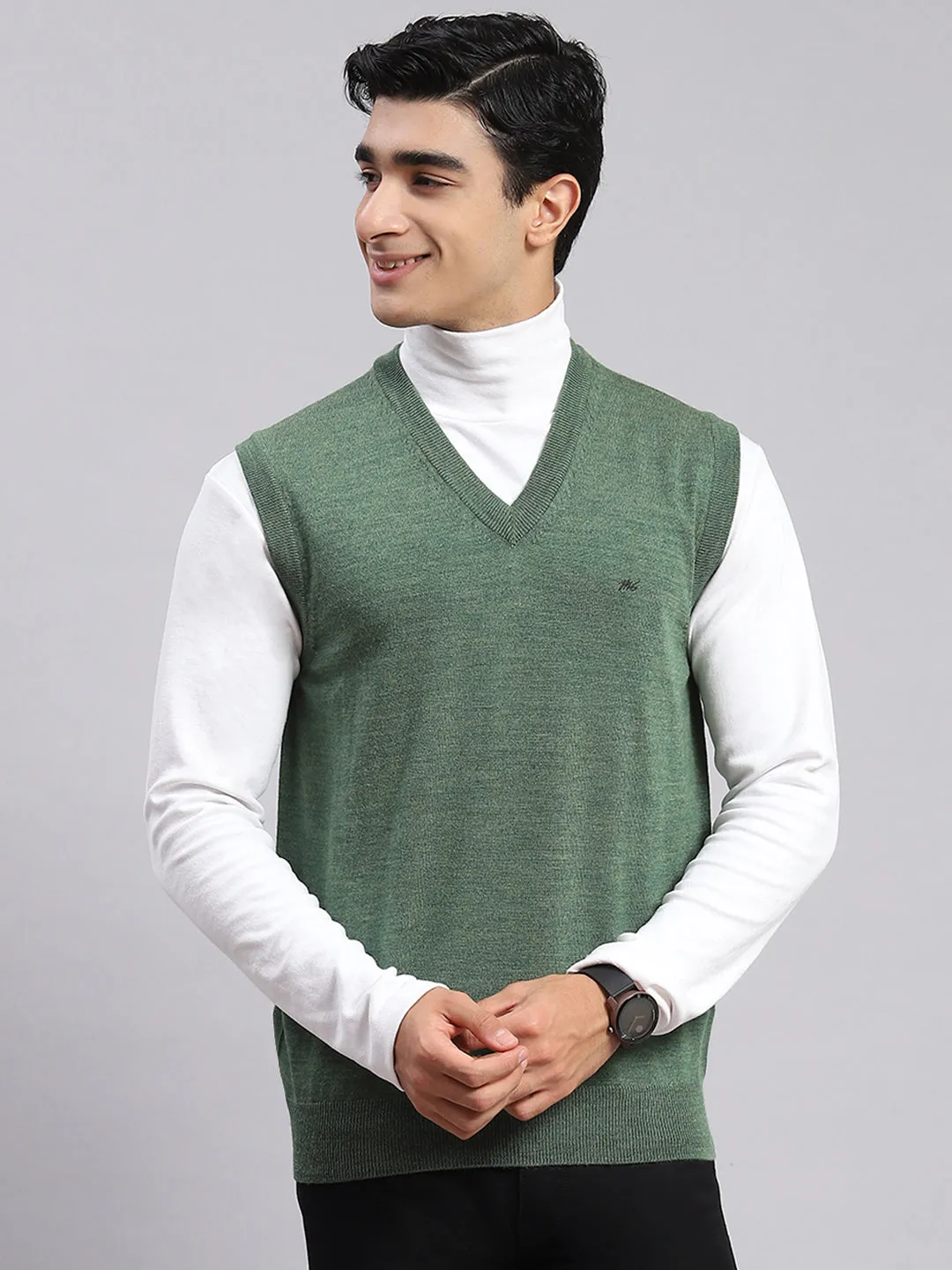 Men Green Solid V Neck Sleeveless Sweater sold by Monte Carlo product image thumbnail 3