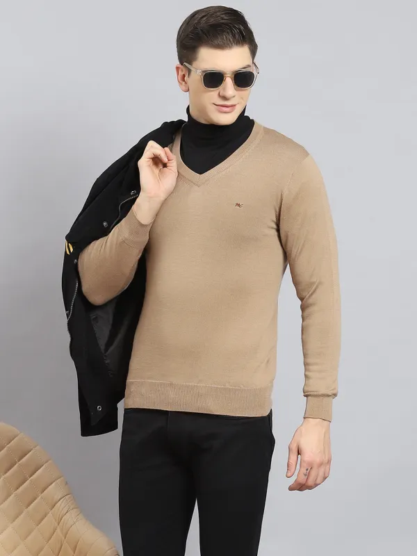 Men Khaki Solid V Neck Full Sleeve Pullover sold by Monte Carlo