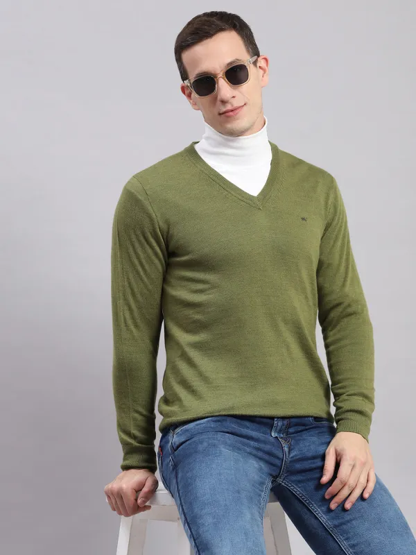 Men Green Solid V Neck Full Sleeve Pullover sold by Monte Carlo