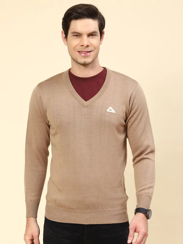 Men Khaki Solid V Neck Full Sleeve Pullover sold by Monte Carlo