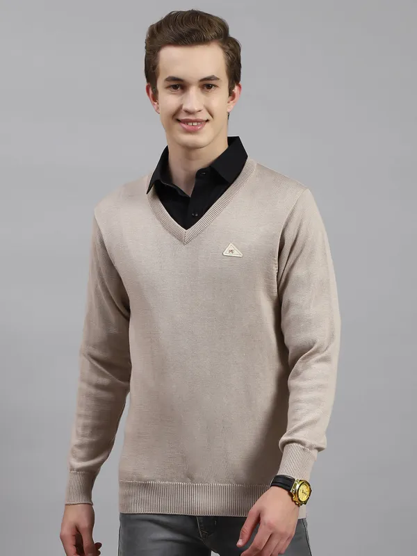 Men Beige Solid V Neck Full Sleeve Pullover sold by Monte Carlo