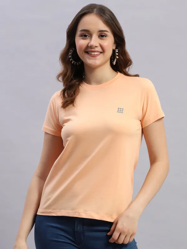 Rock.it Women Peach Solid Round Neck Half Sleeve Top sold by Monte Carlo
