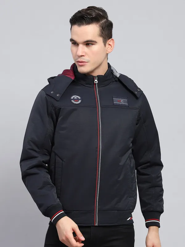Men Navy Blue Solid Detachable Hood Full Sleeve Jacket sold by Monte Carlo