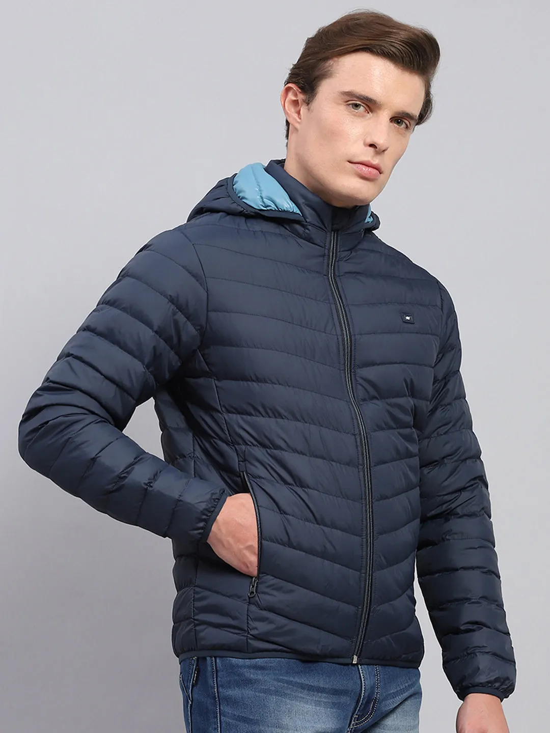 Men Navy Blue Solid Detachable Hood Full Sleeve Jacket sold by Monte Carlo product image thumbnail 4