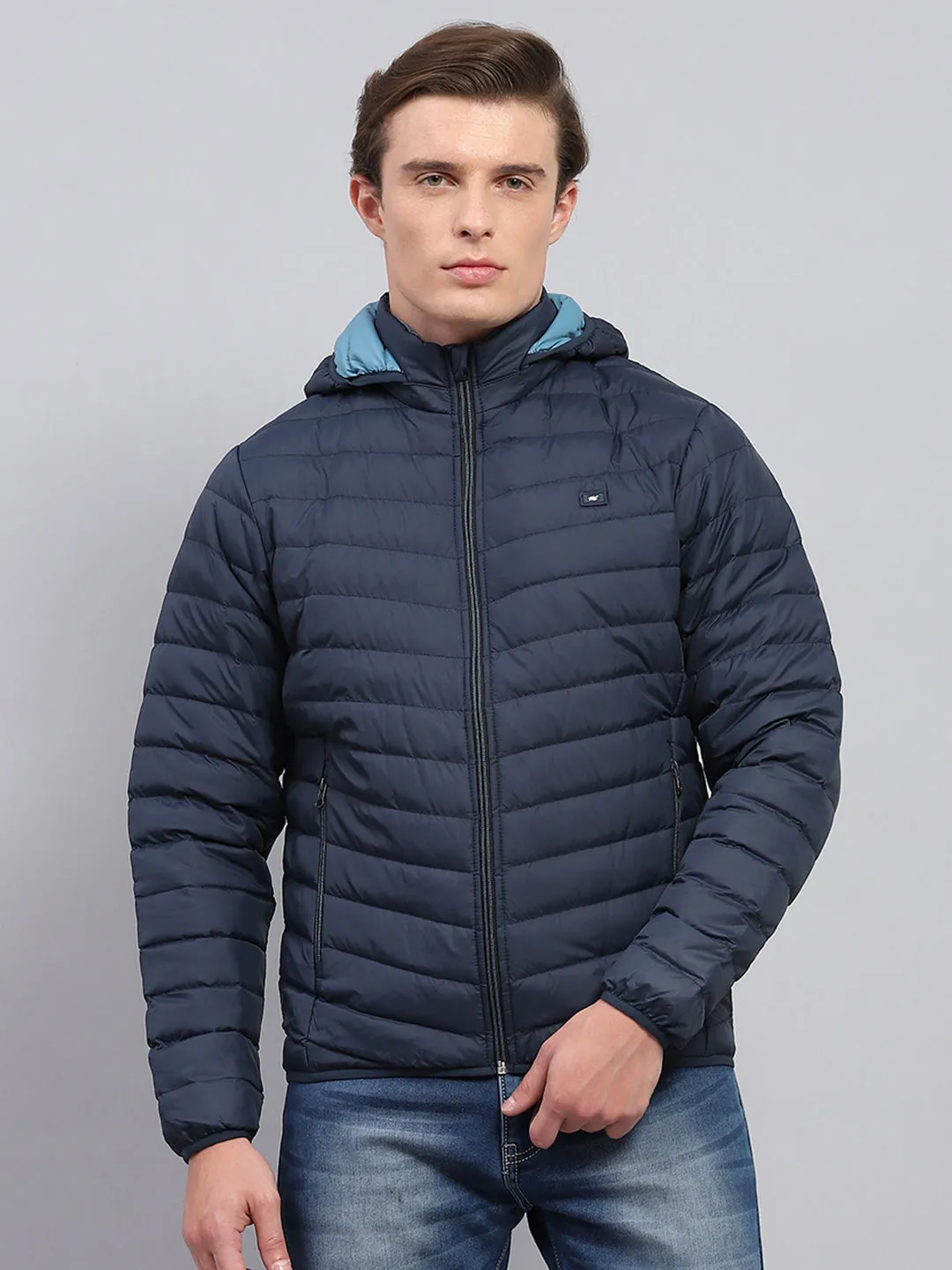 Men Navy Blue Solid Detachable Hood Full Sleeve Jacket sold by Monte Carlo