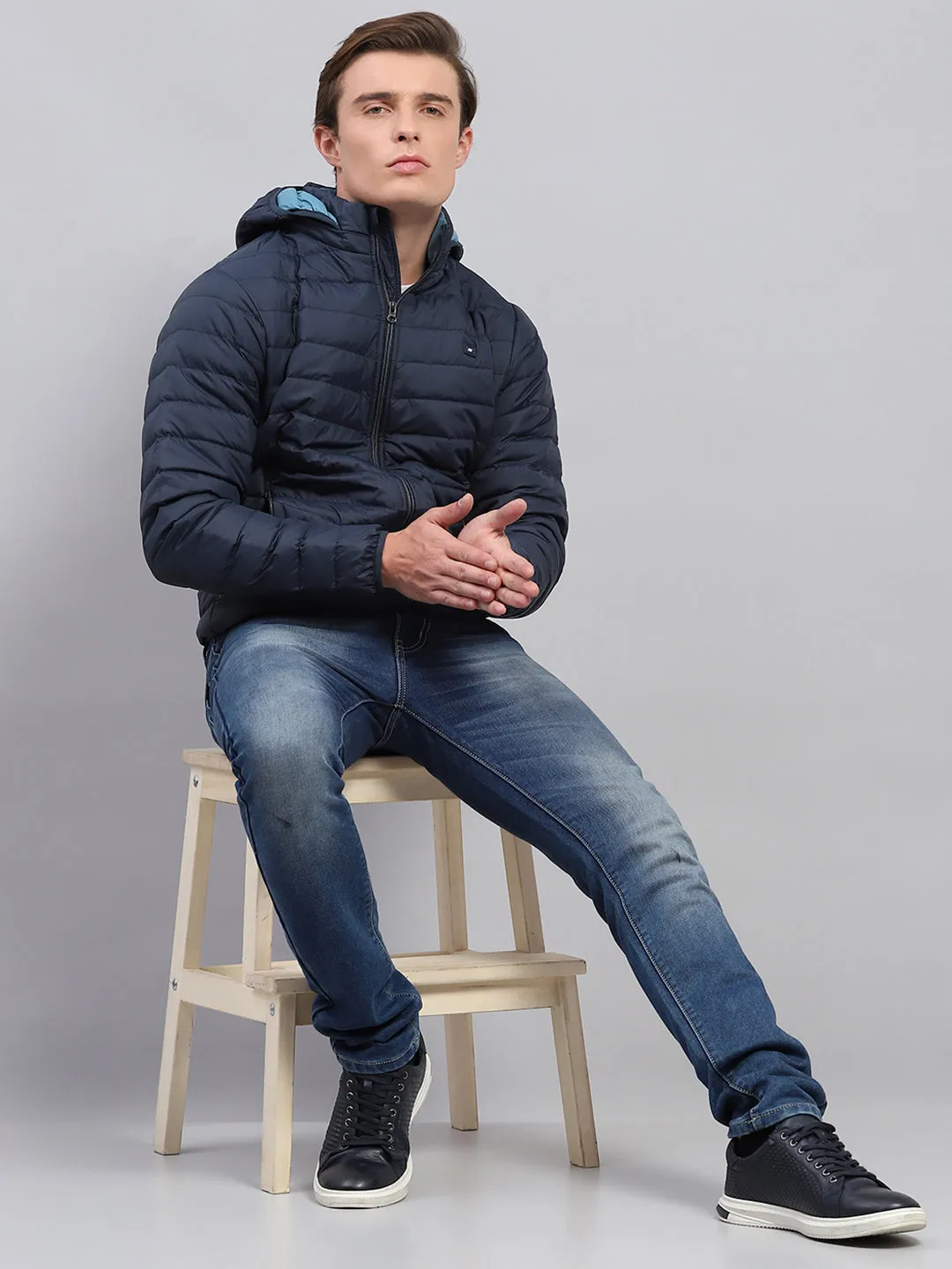 Men Navy Blue Solid Detachable Hood Full Sleeve Jacket sold by Monte Carlo product image thumbnail 2
