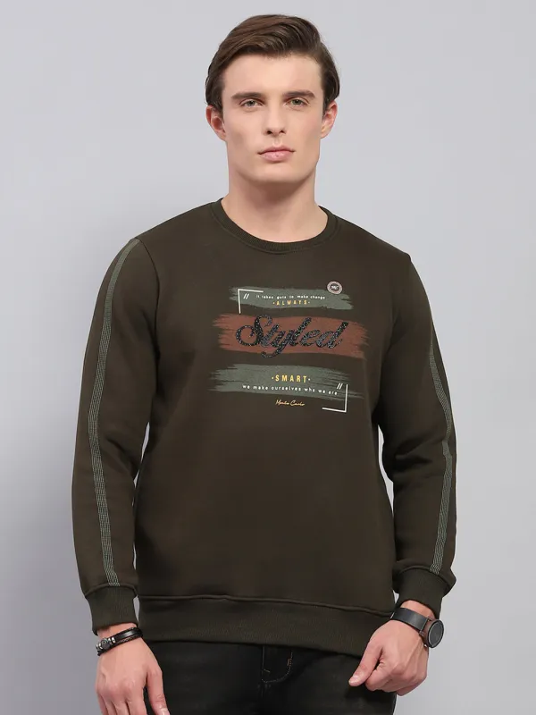 Men Olive Printed Round Neck Full Sleeve Sweatshirt sold by Monte Carlo