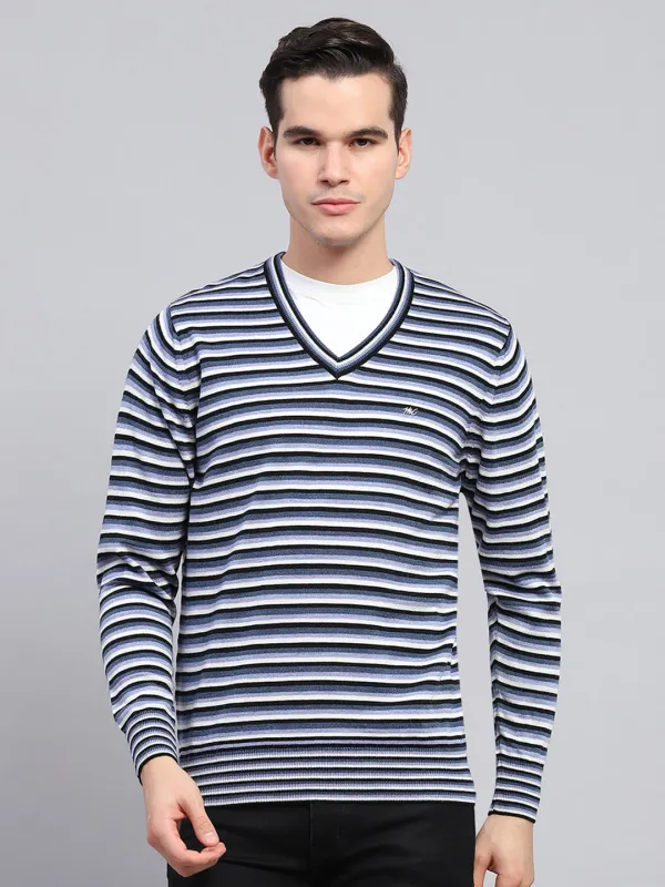 Men Blue Stripe V Neck Full Sleeve Pullover made by Monte Carlo